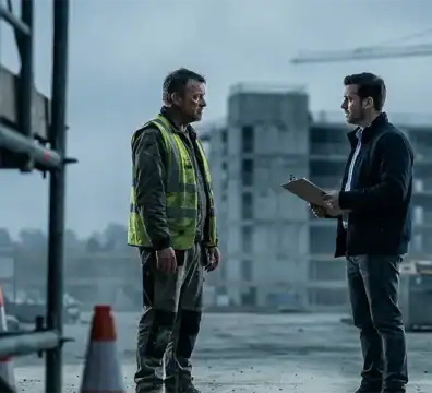 Construction supervisor and worker discussing safety on site.