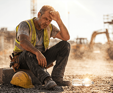 Construction worker resting on site, experiencing heat stress.