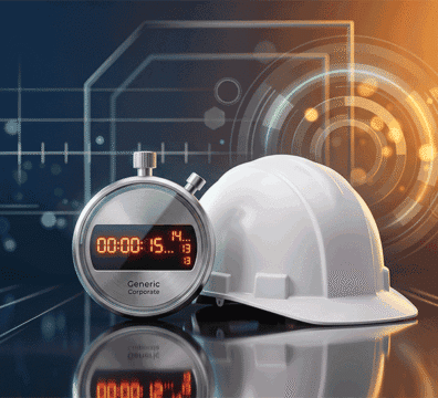 Construction safety helmet with stopwatch and digital interface background.