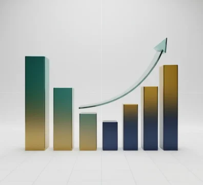 Bar chart with upward trend arrow representing growth and progress.
