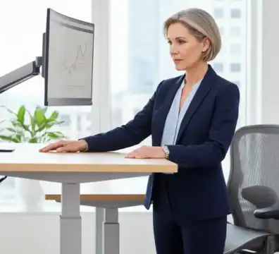 Professional woman analyzing work compensation data on computer monitor in office.