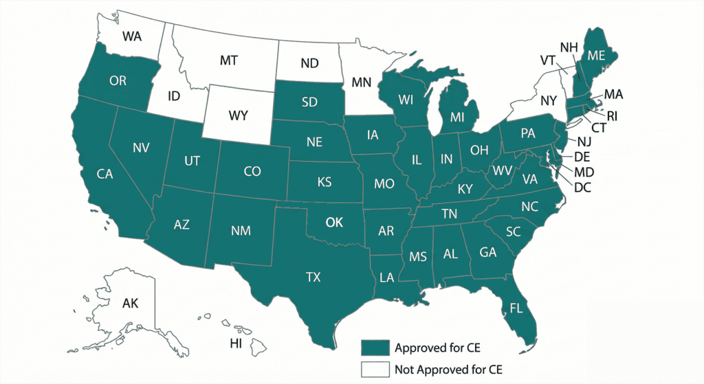 Map of the US showing states approved and not approved for WorkComp CE.