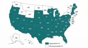 Map of the US showing states approved and not approved for WorkComp CE.